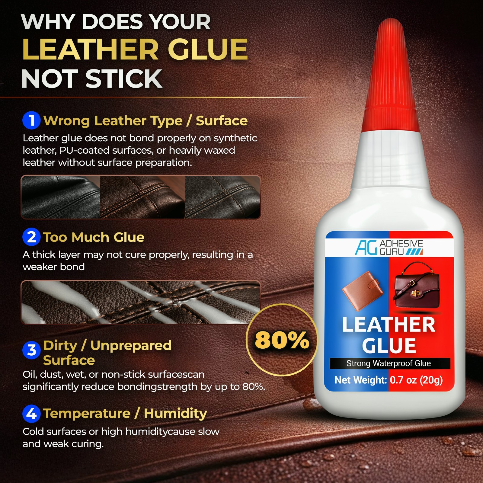 Adhesive Guru Leather Glue 150x0.7 oz Super Glue for Purses, Sofas and Furniture