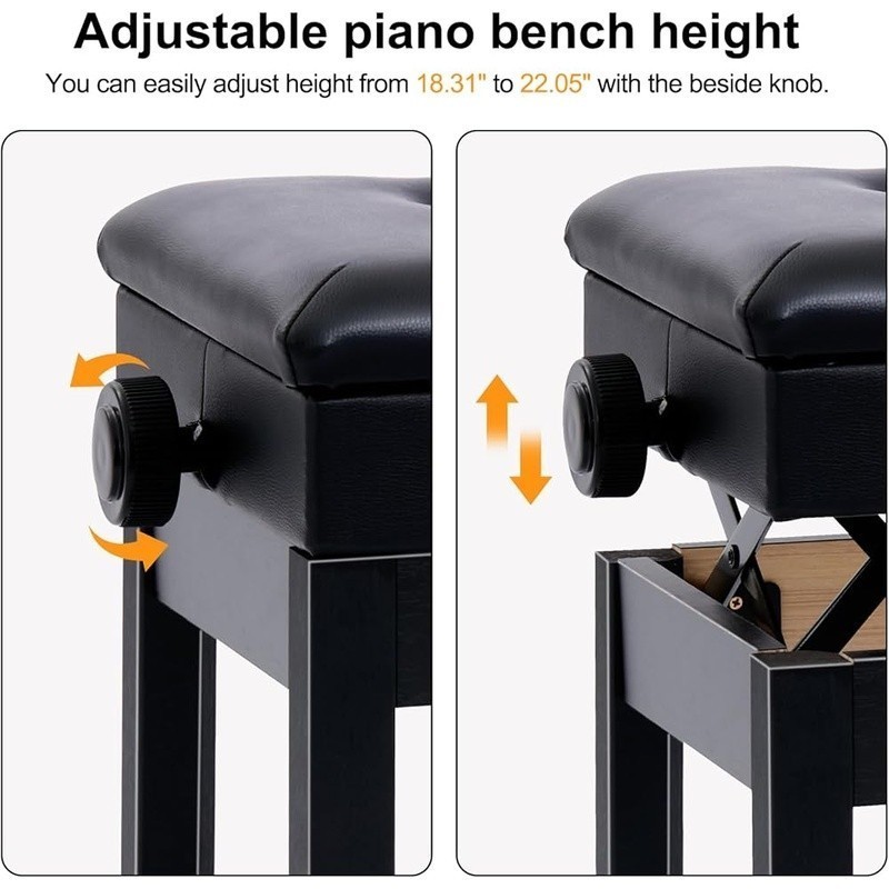Adjustable Piano Bench W/ Storage Compartment Padded Seat Comfort Easy Assembly