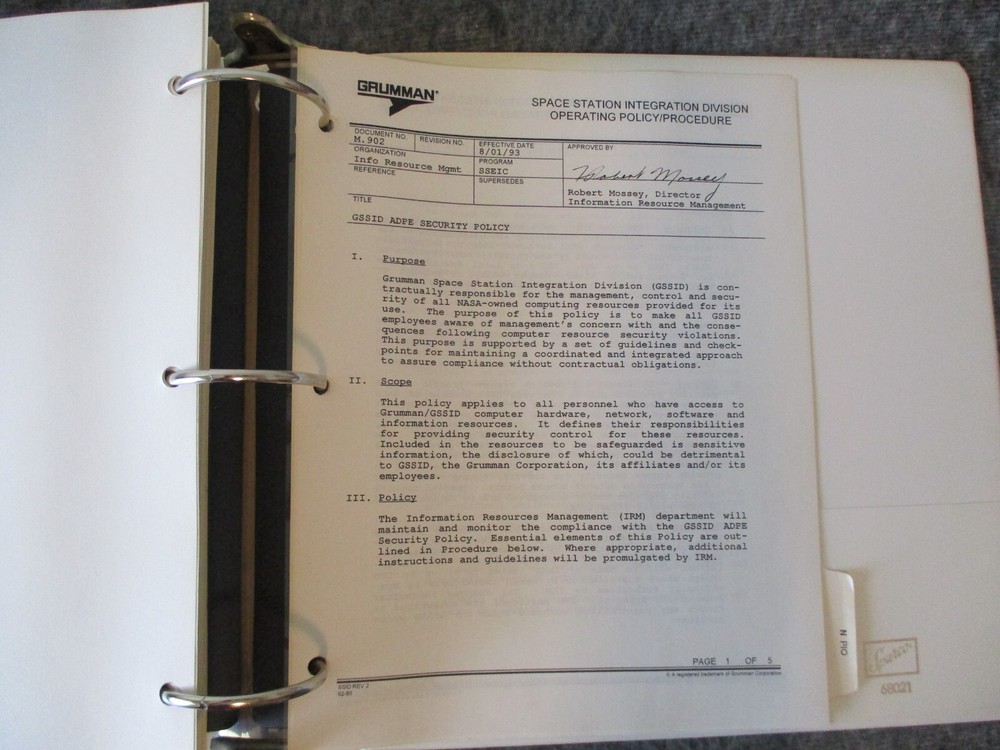 NASA GRUMMAN SPACE SHUTTLE SPACE STATION INTEGRATION DIVISION OPERATING POLICY