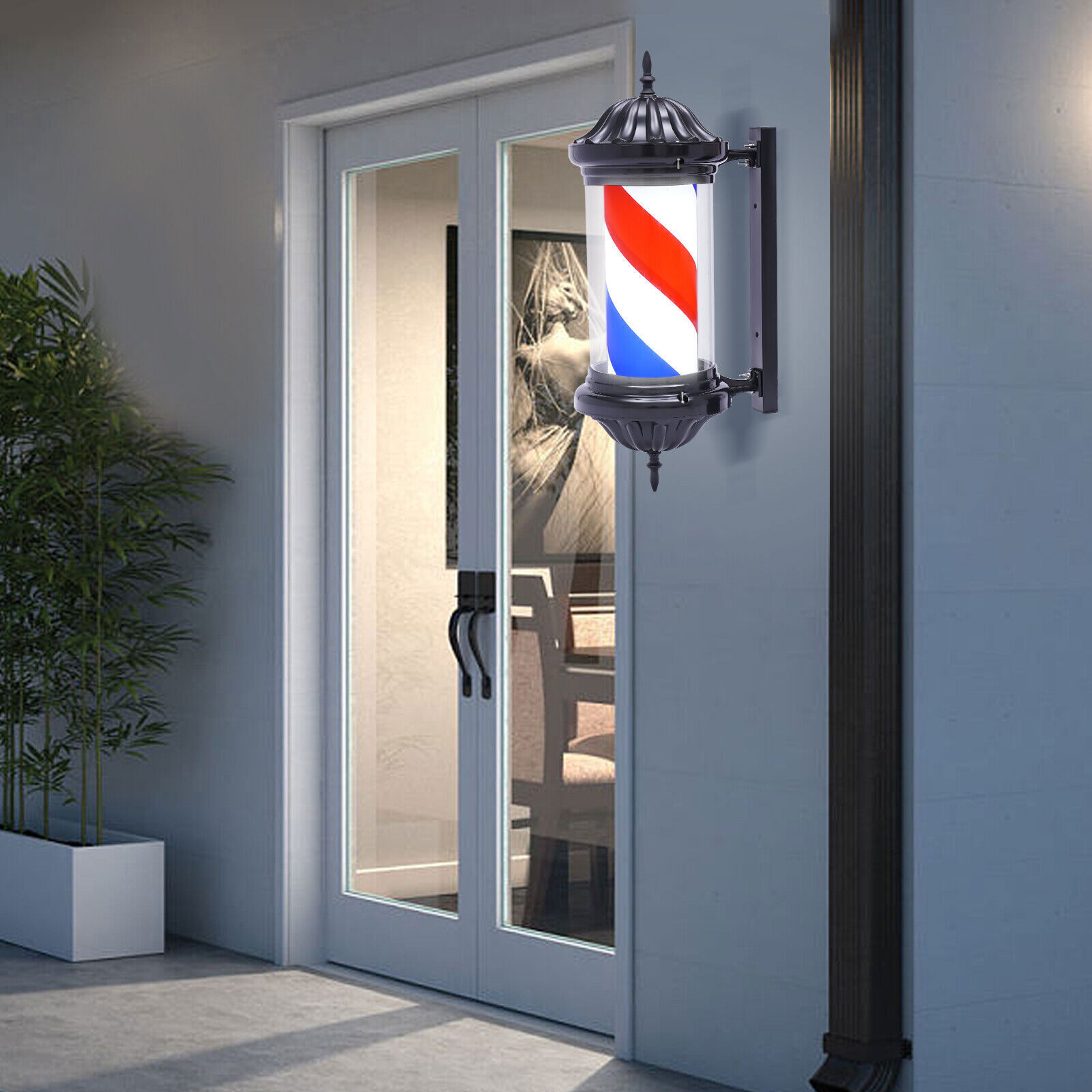 Barber Pole LED Light Red White Blue Rotating Stripes Metal Hair Salon Shop Sign