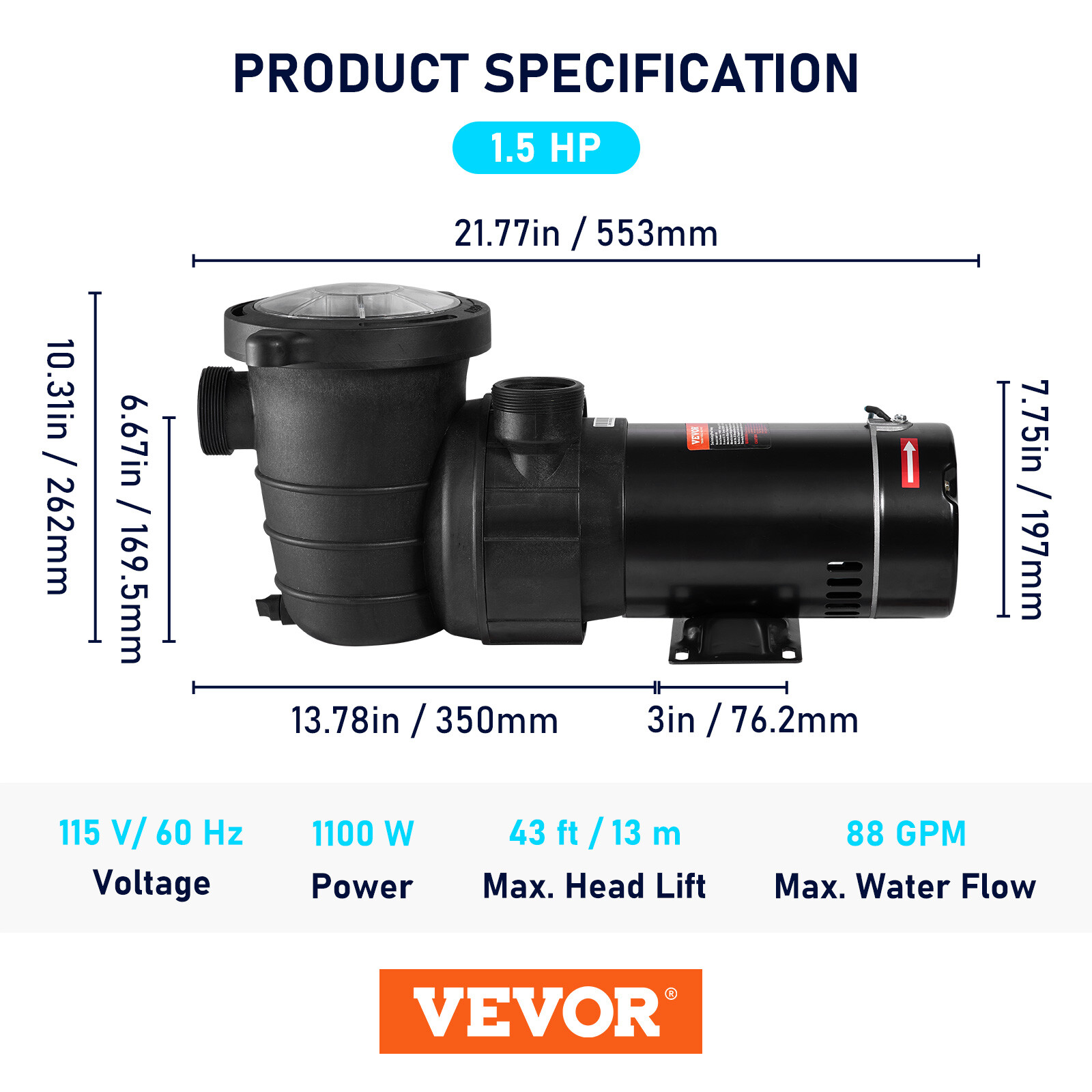 VEVOR Swimming Pool Pump 1.5 HP 88 GPM w/ Strainer Filter Pump Above Ground
