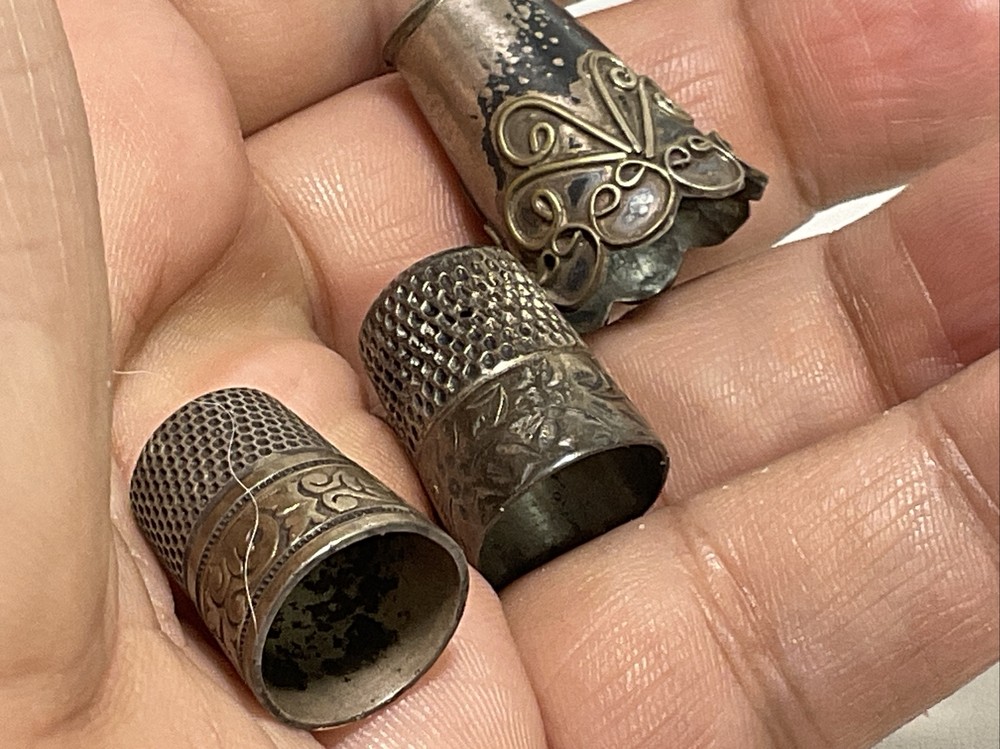 3 ANTIQUE Vintage Solid SILVER Size 7 PANELED THIMBLEs