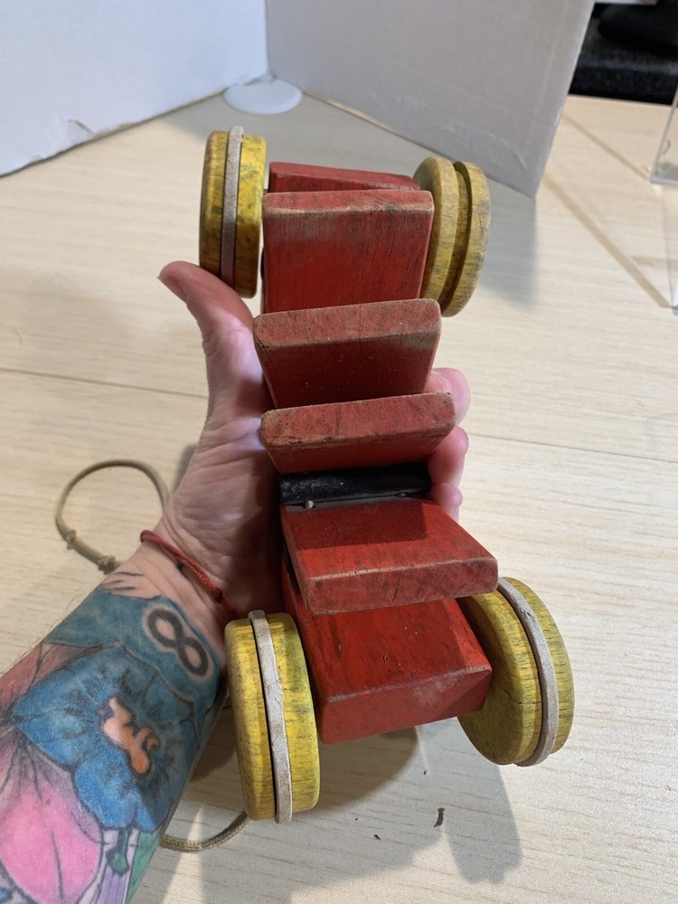 Vintage Inch Worm Pull Toy Solid Painted Wood Action Hand Made 7"