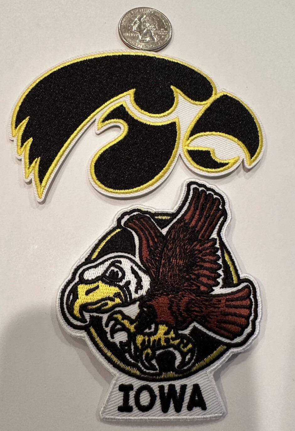 2-IOWA HAWKEYES Vintage Style Embroidered Iron On Patches. 3"x 2.5” & 4”x 2.5”