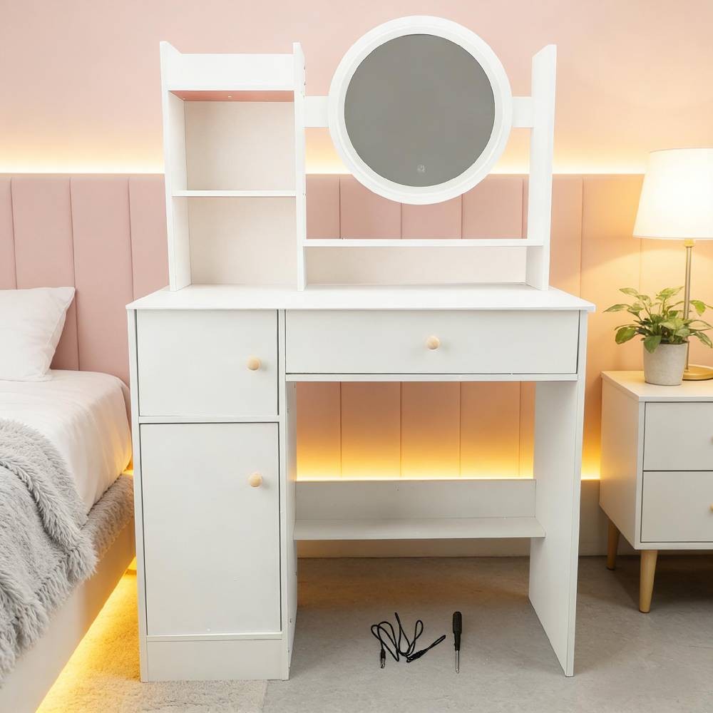 White Vanity Desk with Lights and Mirror Makeup Table Multifunction with Drawer