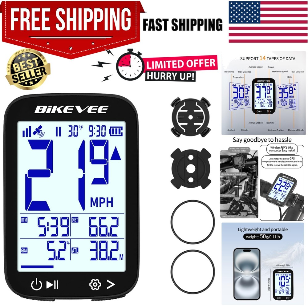 Bike Speedometer GPS Wireless Cycling Computer – Auto Start/Stop, Auto Backli...
