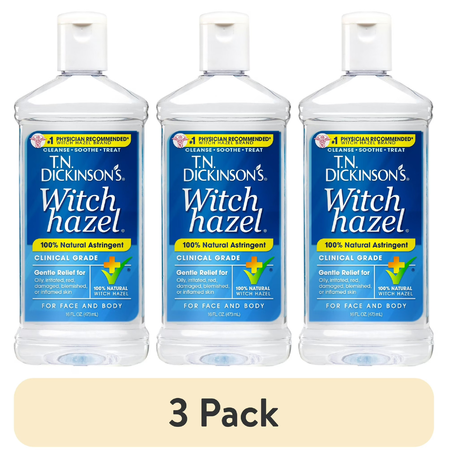 (3 pack) T.N. Dickinson's Witch Hazel Astringent, 100% Natural, 16 fl oz