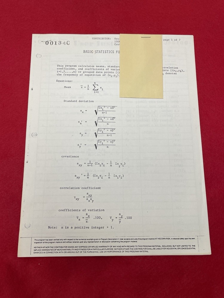 HEWLETT PACKARD 00134C PROGRAM CARDS HP-41C CX CV BASIC STATISTICS TWO VARIABLES