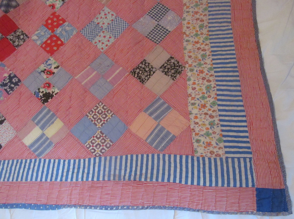 1940s Vintage FOUR PATCH on POINT Handmade Quilt~Tiny Red Stripe & Blue Binding