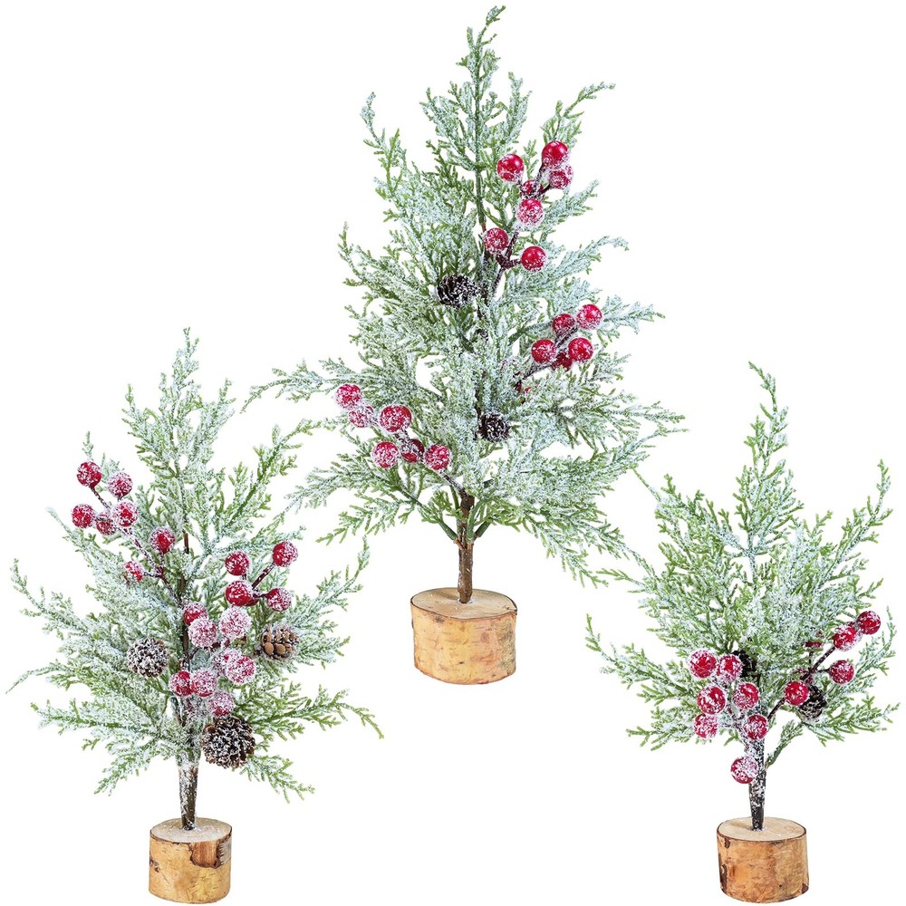 Winlyn 3 Pack Artificial Mini Tabletop Christmas Trees Small Snowy Green