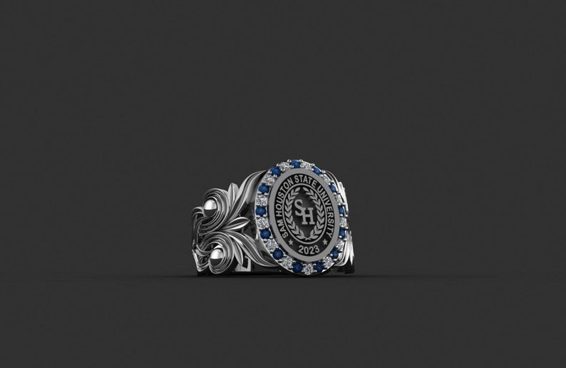 Custom Sam Houston University Ring Personalized Silver Blue & white Gem 2023