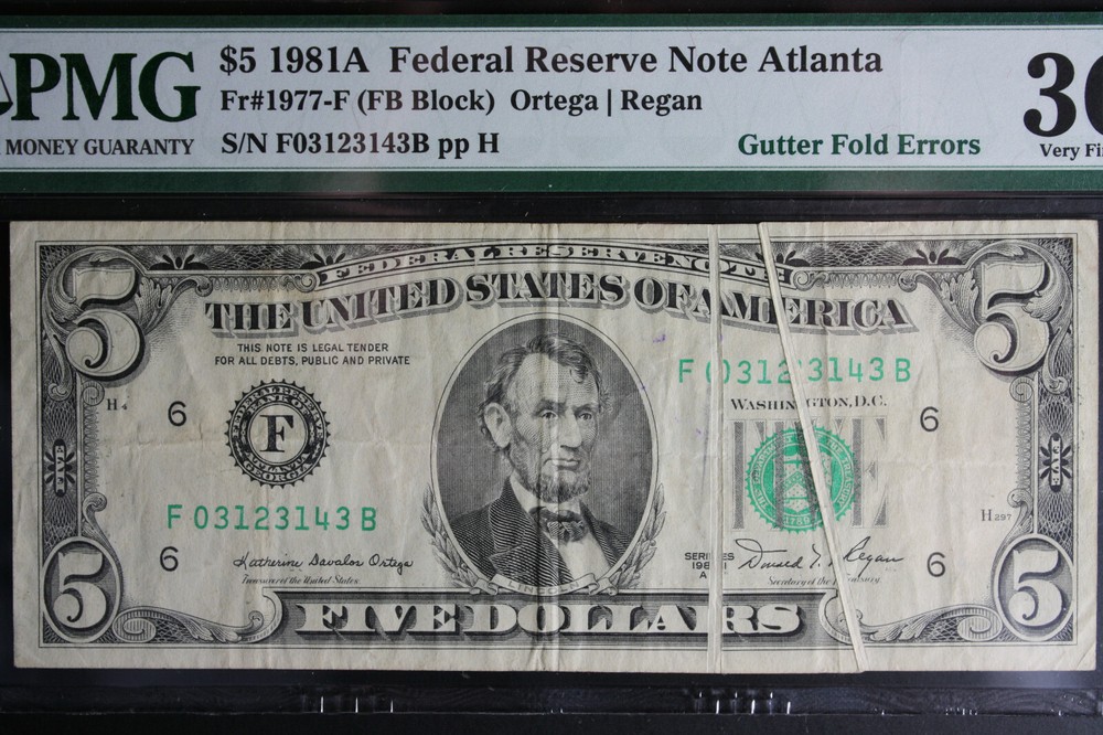 1981A $5 Dollar Bill Dual Gutter Fold Error PMG VF30. LOOK***