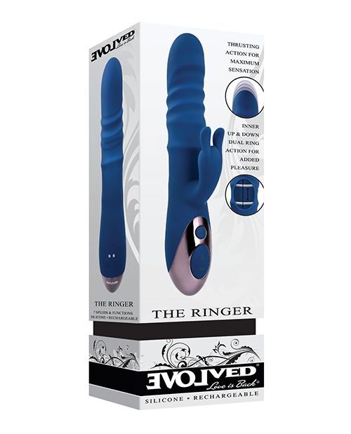 Evolved Ringer Vibe Rechargeable & Waterproof Thrusting Silicone Vibrator Blue