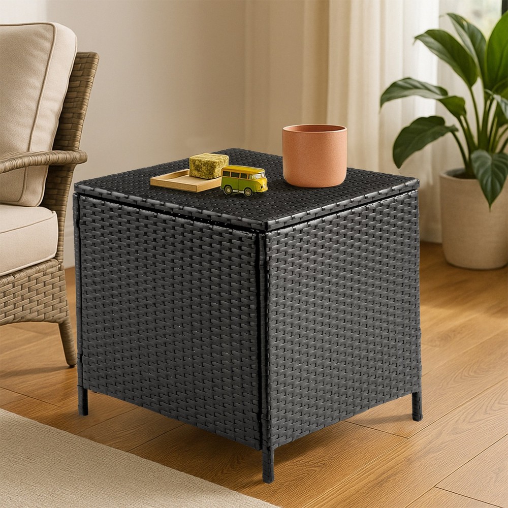 PE Wicker Side Table with Storage, Patio Rattan End Table Square Container