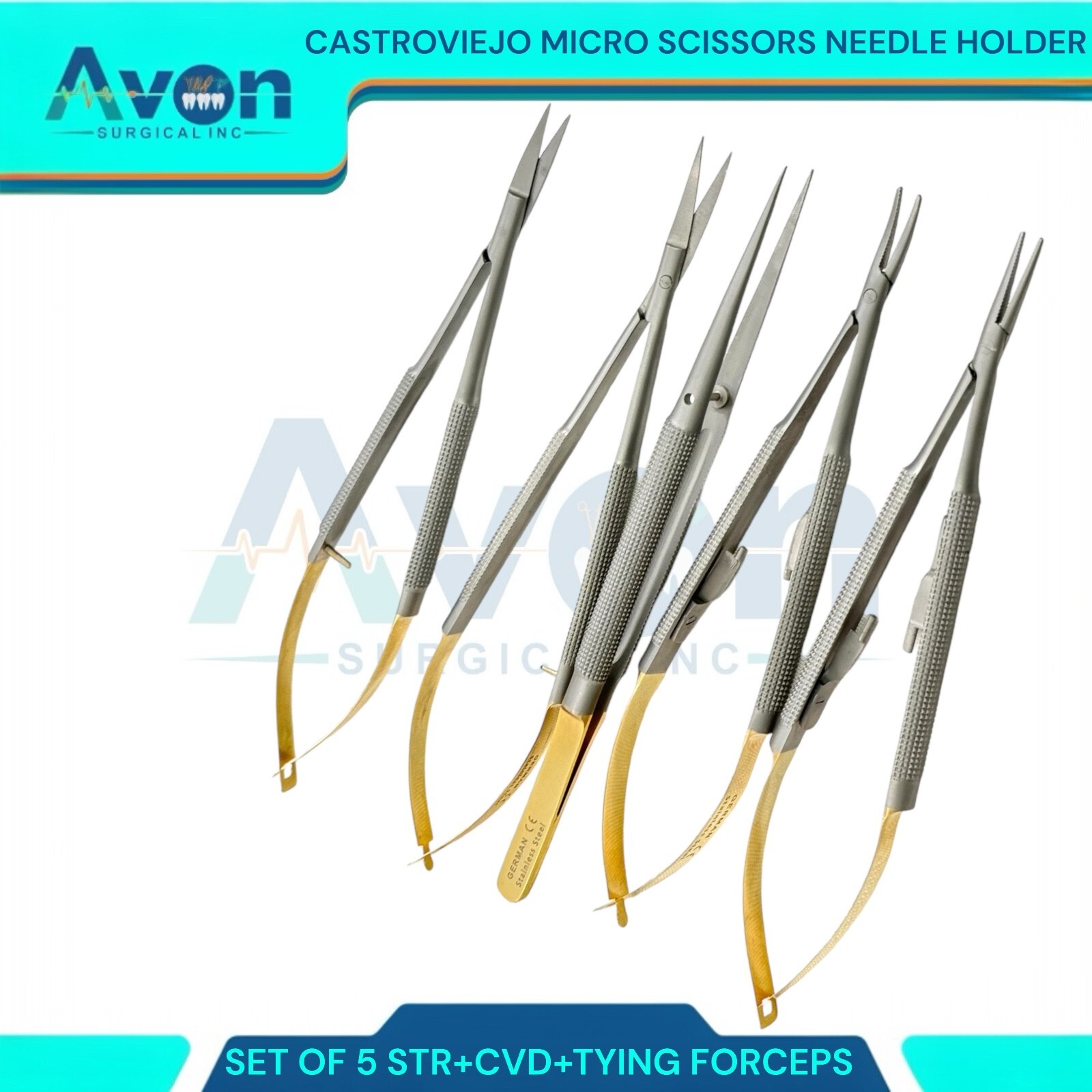 NEW 5 GERMAN Castroviejo Micro Scissor Needle Holder STR+ CVD Forceps Dental EYE