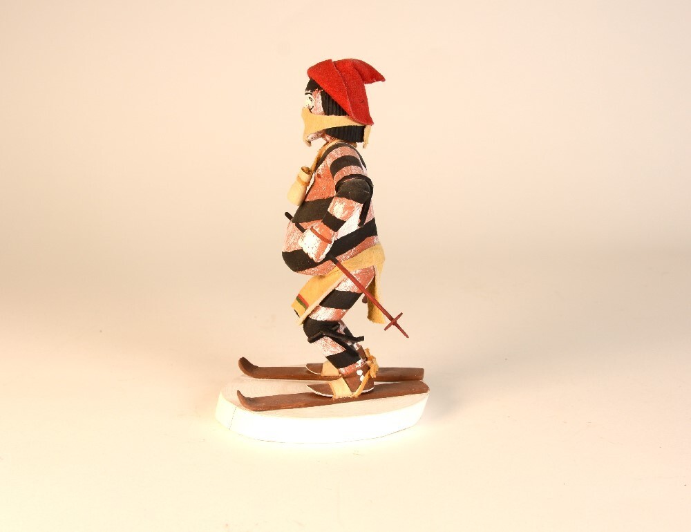 Navajo carved Hopi Kachina / Katsina Koshare Clown Skiing by O. Wood
