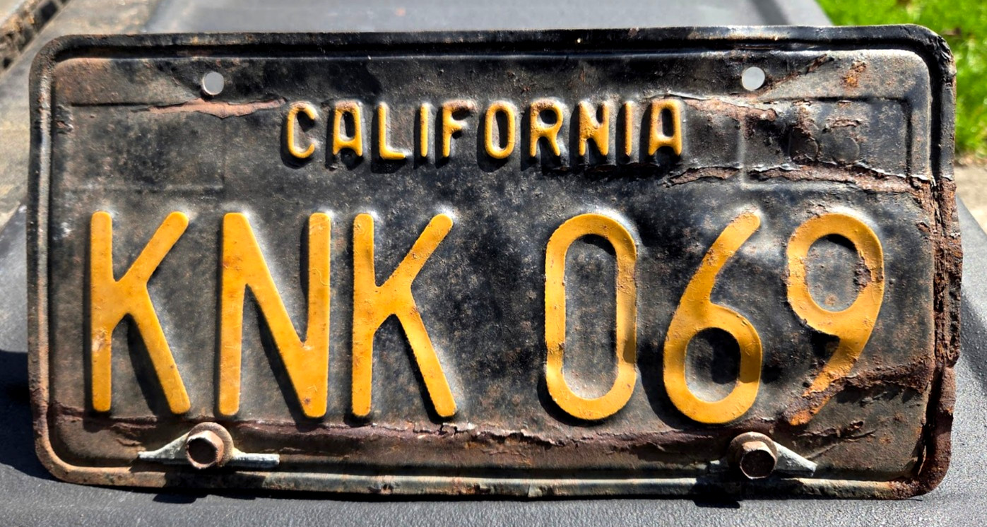 California License Plate KNK 069 Yellow on Black 1963 Vintage CA State 63