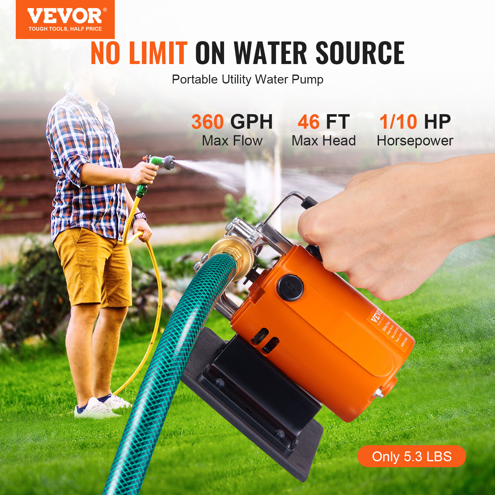 VEVOR Water Transfer Removal Pump Portable Utility Pump 120V 360 GPH 1/10HP Hose
