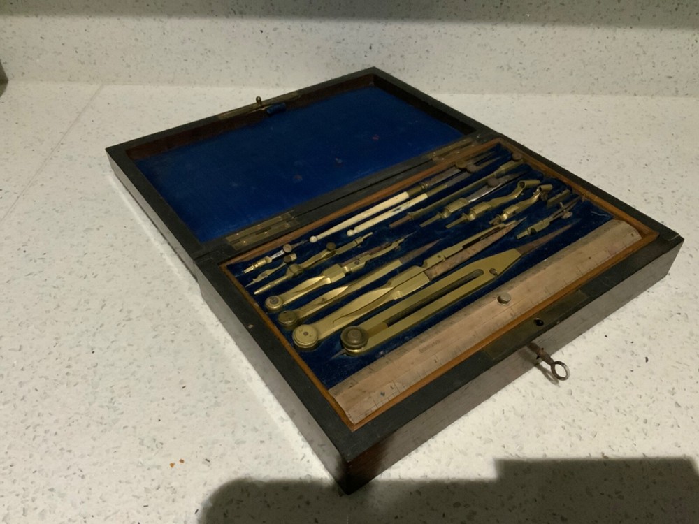 Antique Brass Geometry draftsmanship technical Drawing Instruments Set 1879 key