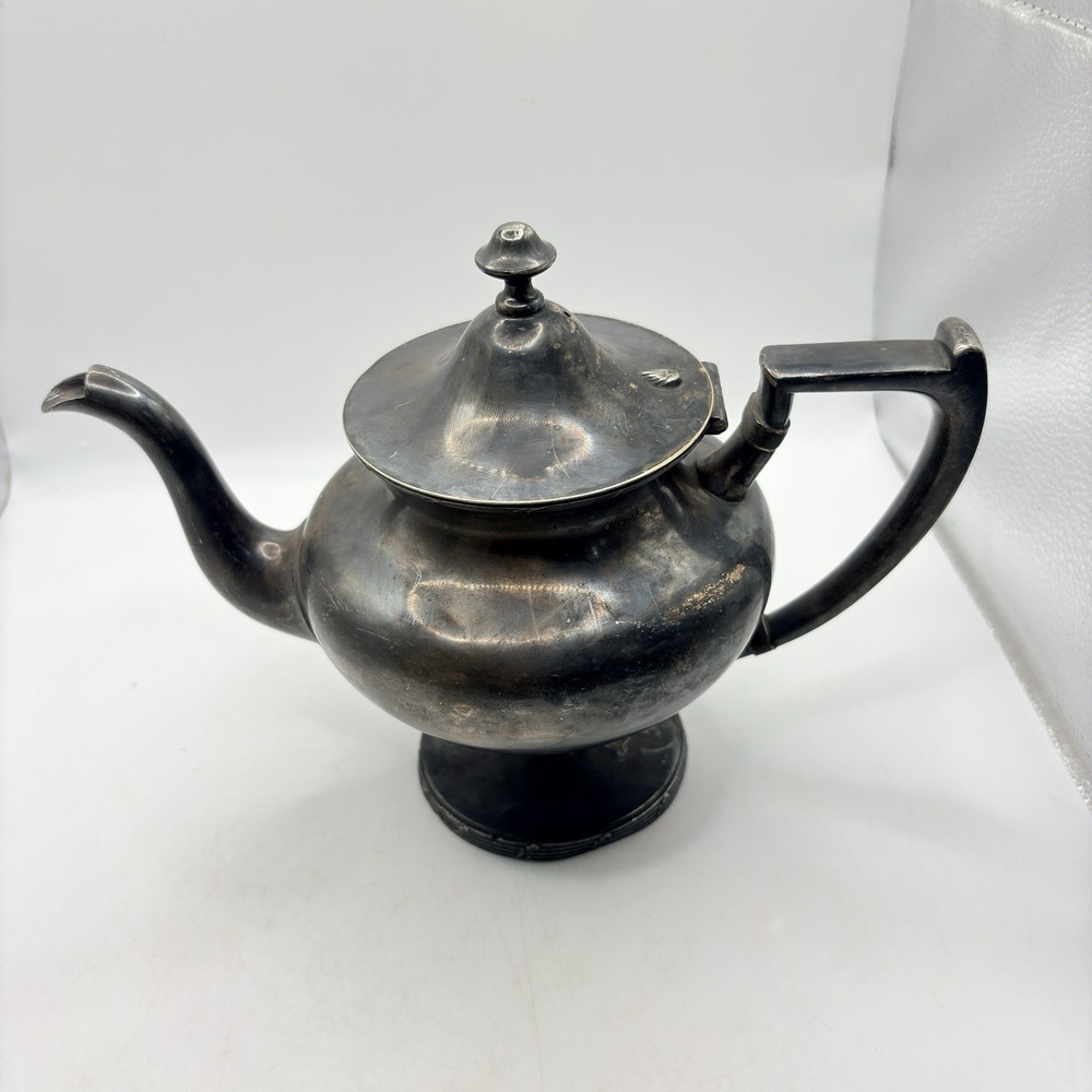 Vintage Silver Plate Footed Teapot Art Deco Style Pedestal Base Angular Handle