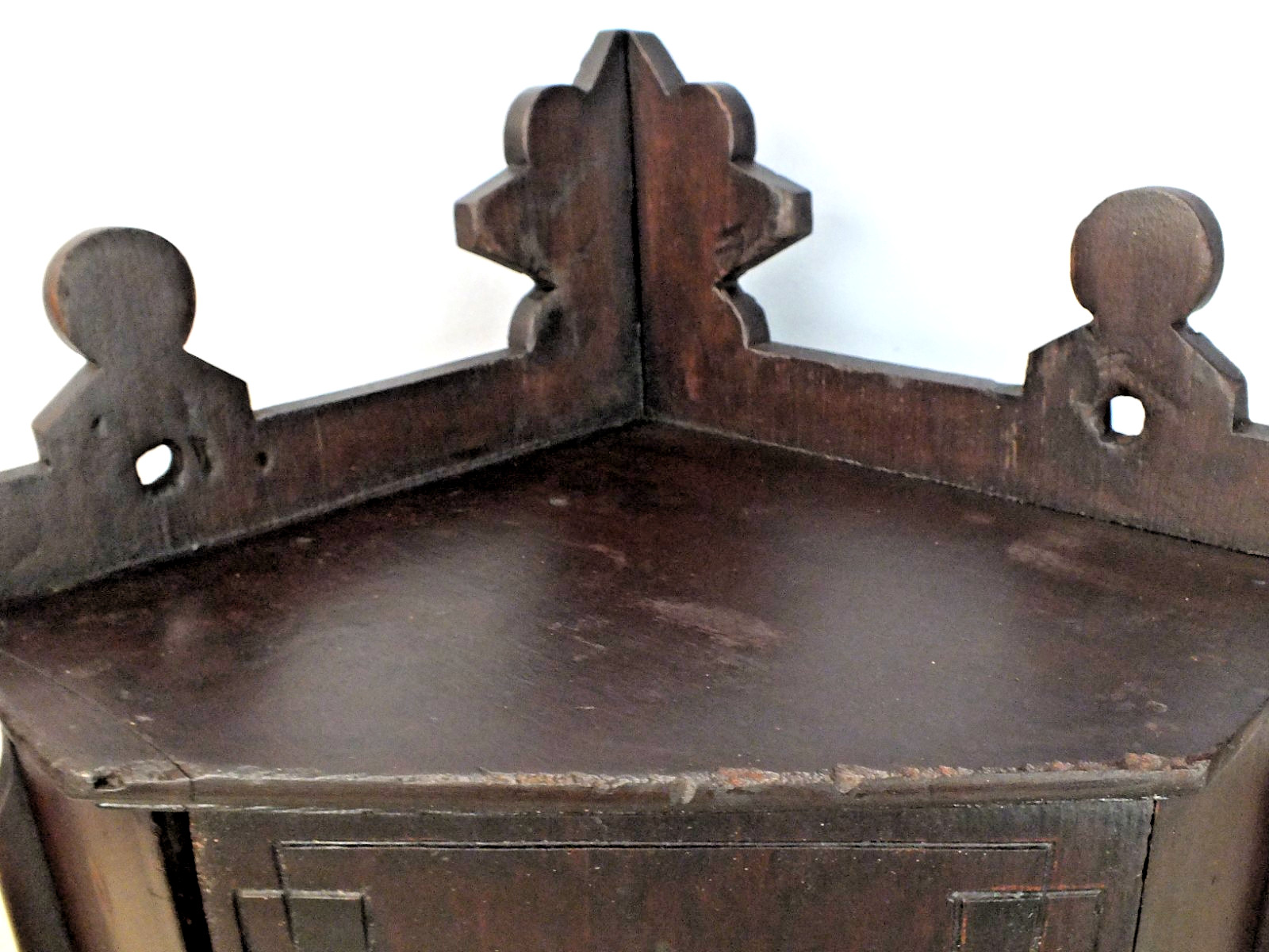 1800s Antique Wall Hung Corner Cabinet Dark Red Brown Finish w Black Highlights