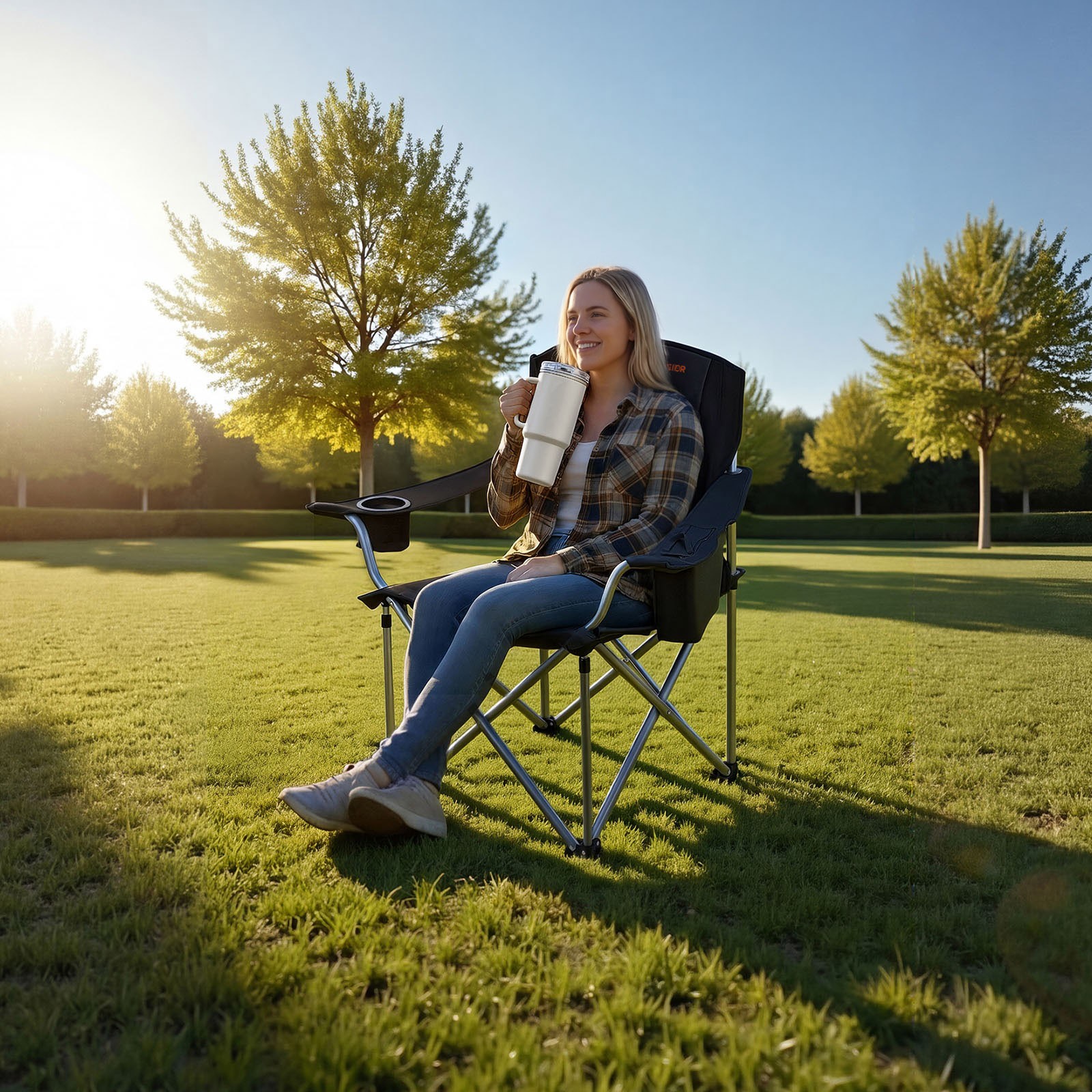 VEVOR Oversized Camping Chairs 450lbs Folding Chair Cup Holder Cooler Bag 2 Pack