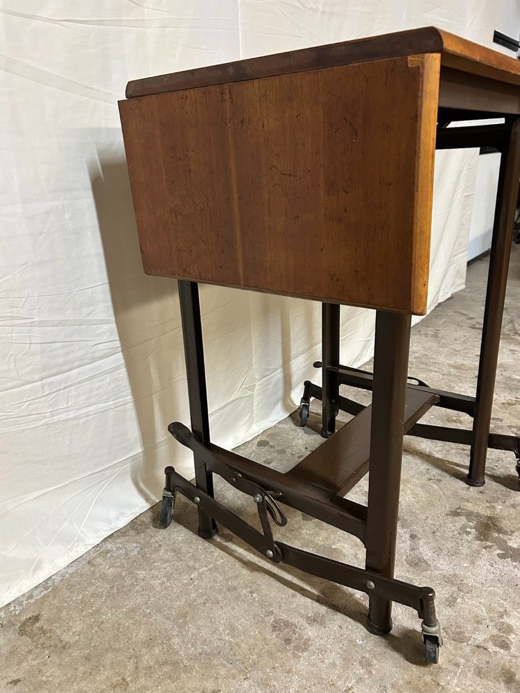 Unique rustic industrial steampunk drop leaf utility table, steel base