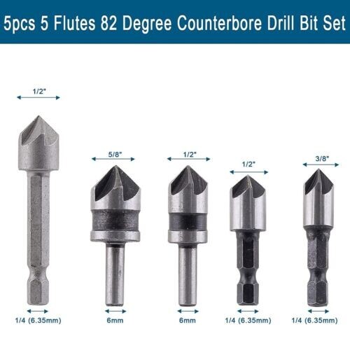 5pc Chamfer Countersink Deburring Drill Bit Set Crosshole Cutting Metal Tool Kit