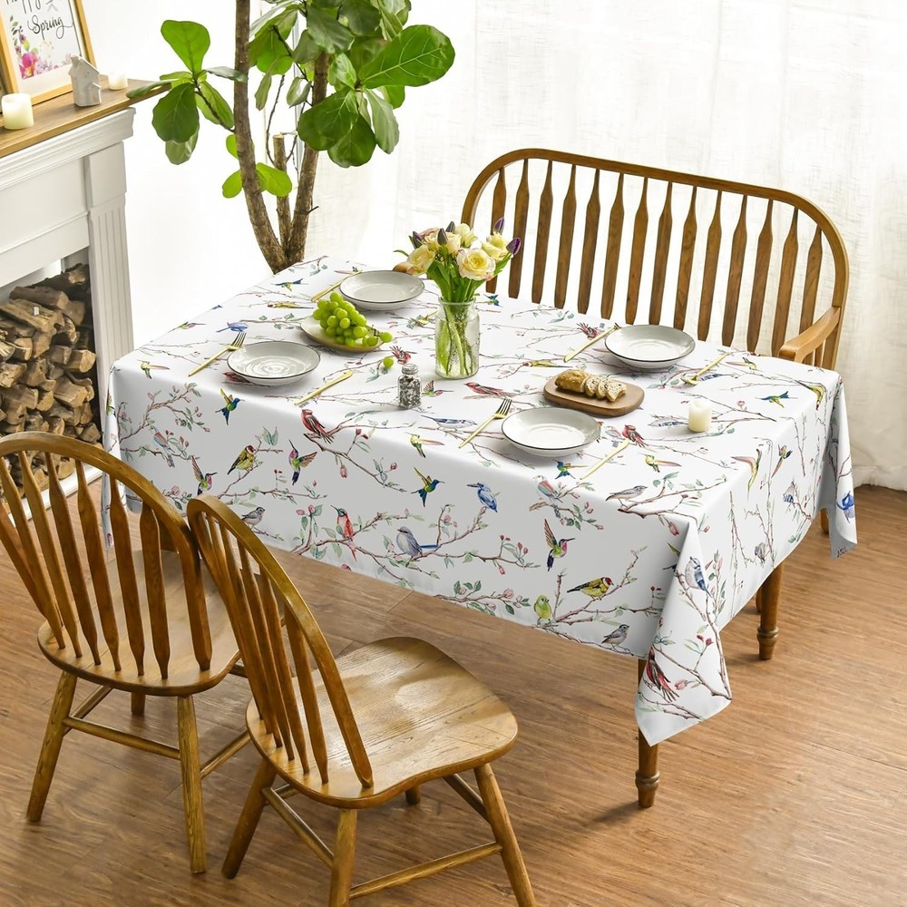 Spring Summer Tablecloth 60x84 Inch Rectangular, Birds Branch Floral Table Co...