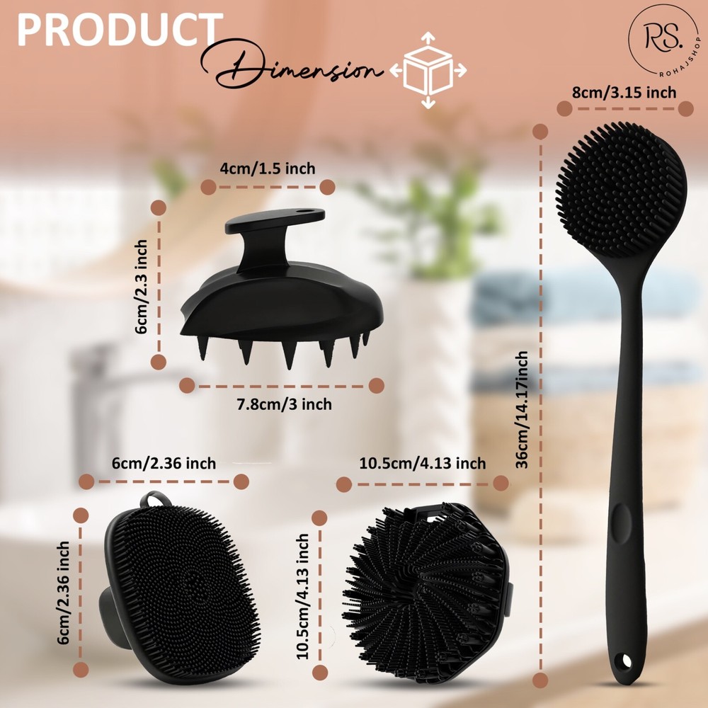 4pcs Silicone Bath & Shower Brush Set - Double Sided Long Handle For Back, Face