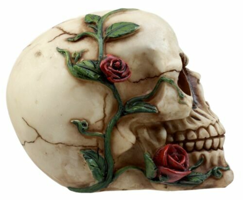 Day of The Dead Red Rose Vine Skull Figurine DOD Floral Sugar Skull Decor 6"L
