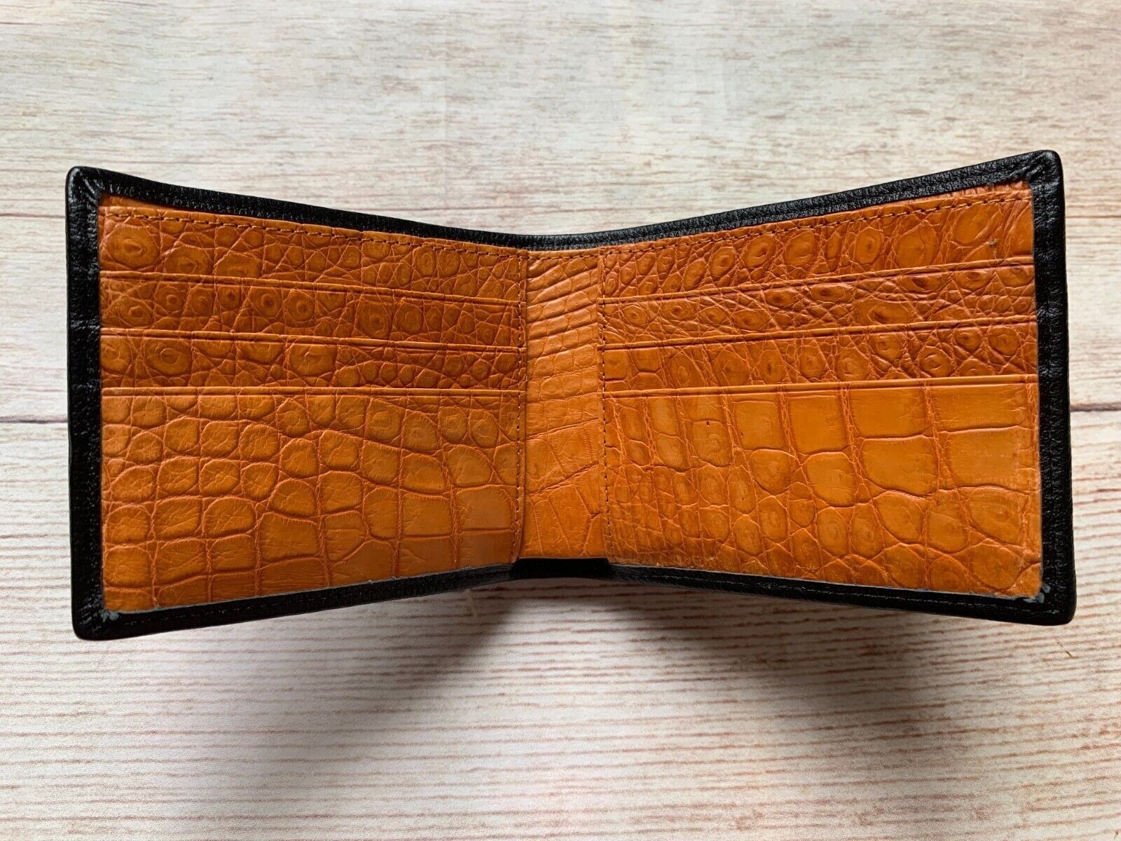 Black/Orange Leather Bifold Wallet Handmade RFID Blocking
