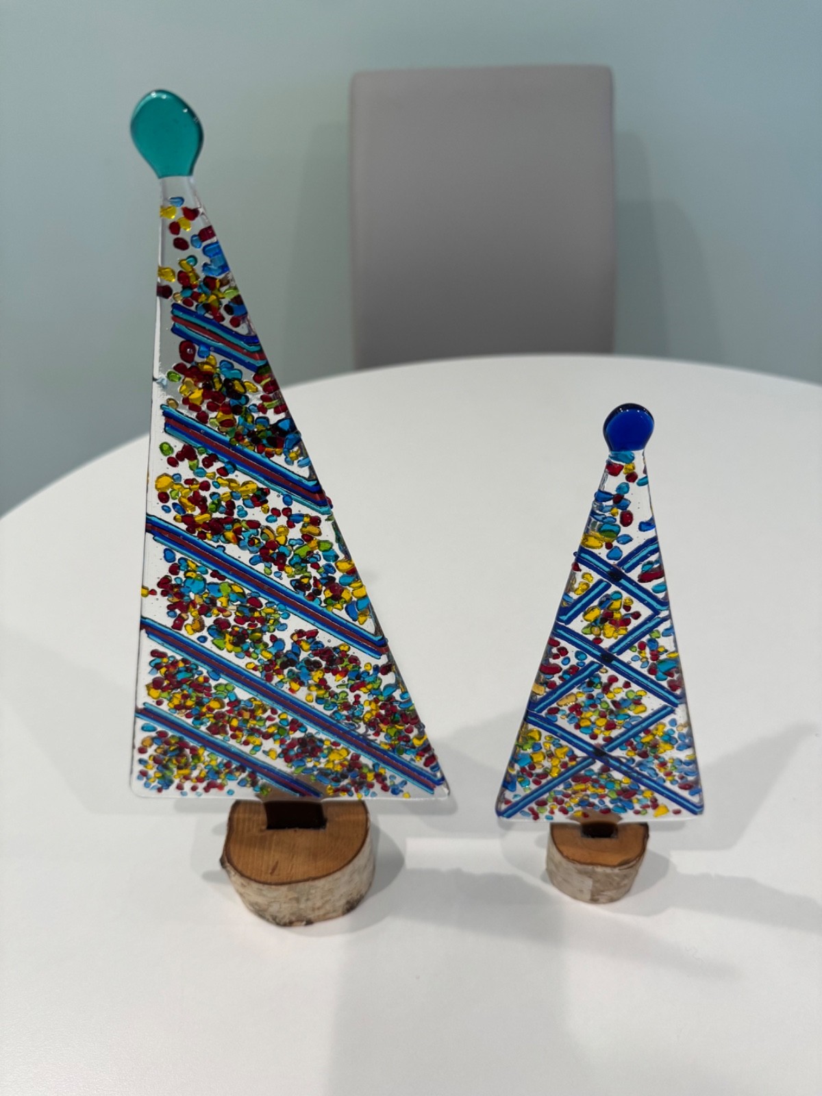 2 Handcrafted Fused Glass Christmas Ornaments, Colorful Trees