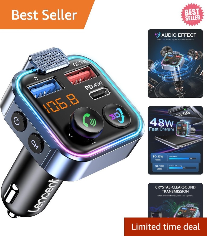 Car Audio Receiver: Bluetooth 5.3 FM Transmitter with PD 30W/QC 18W Fast Charger