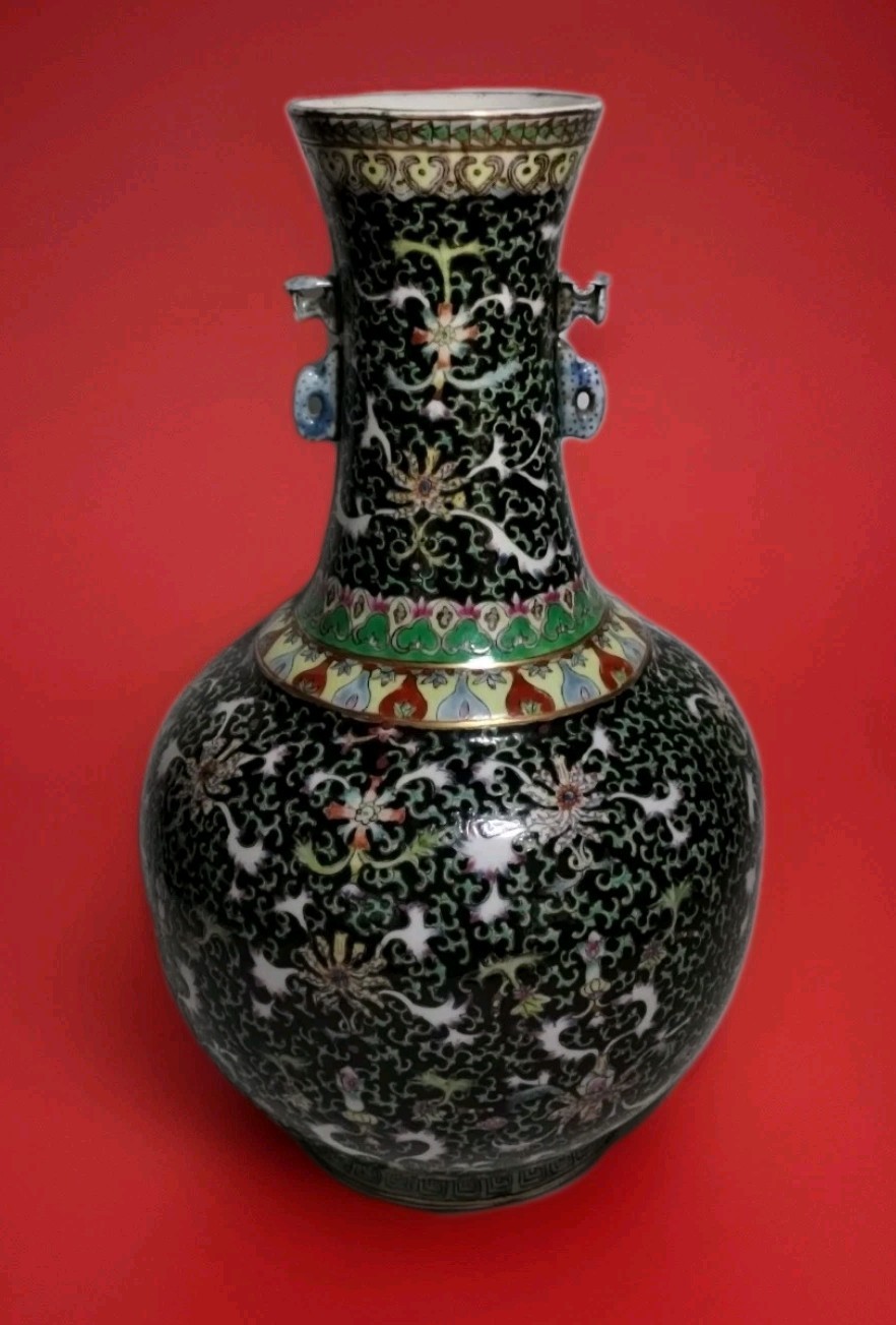 CHINESE BLACK PORCELAIN VASE 14" FLORAL FAMILLE NOIRE STYLE