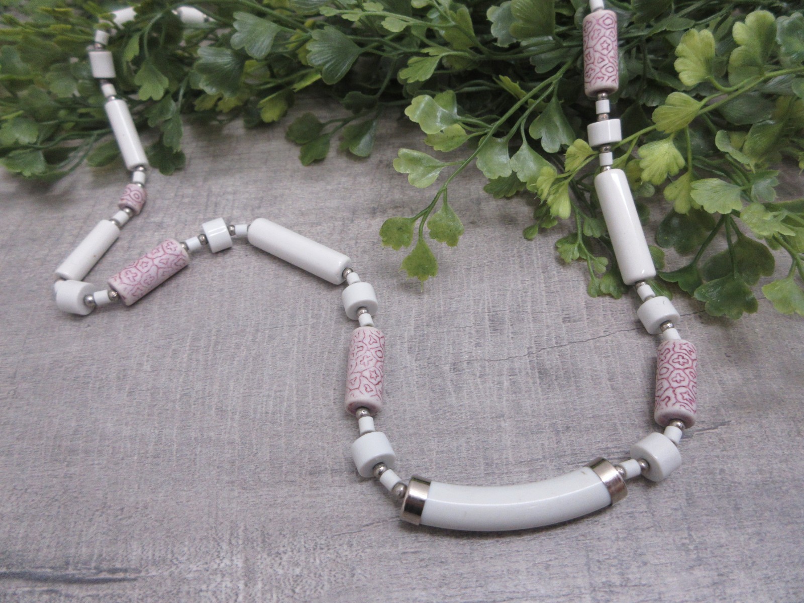 Ceramic Beads Necklace White Pink 24 Inches Native American Inspired Design