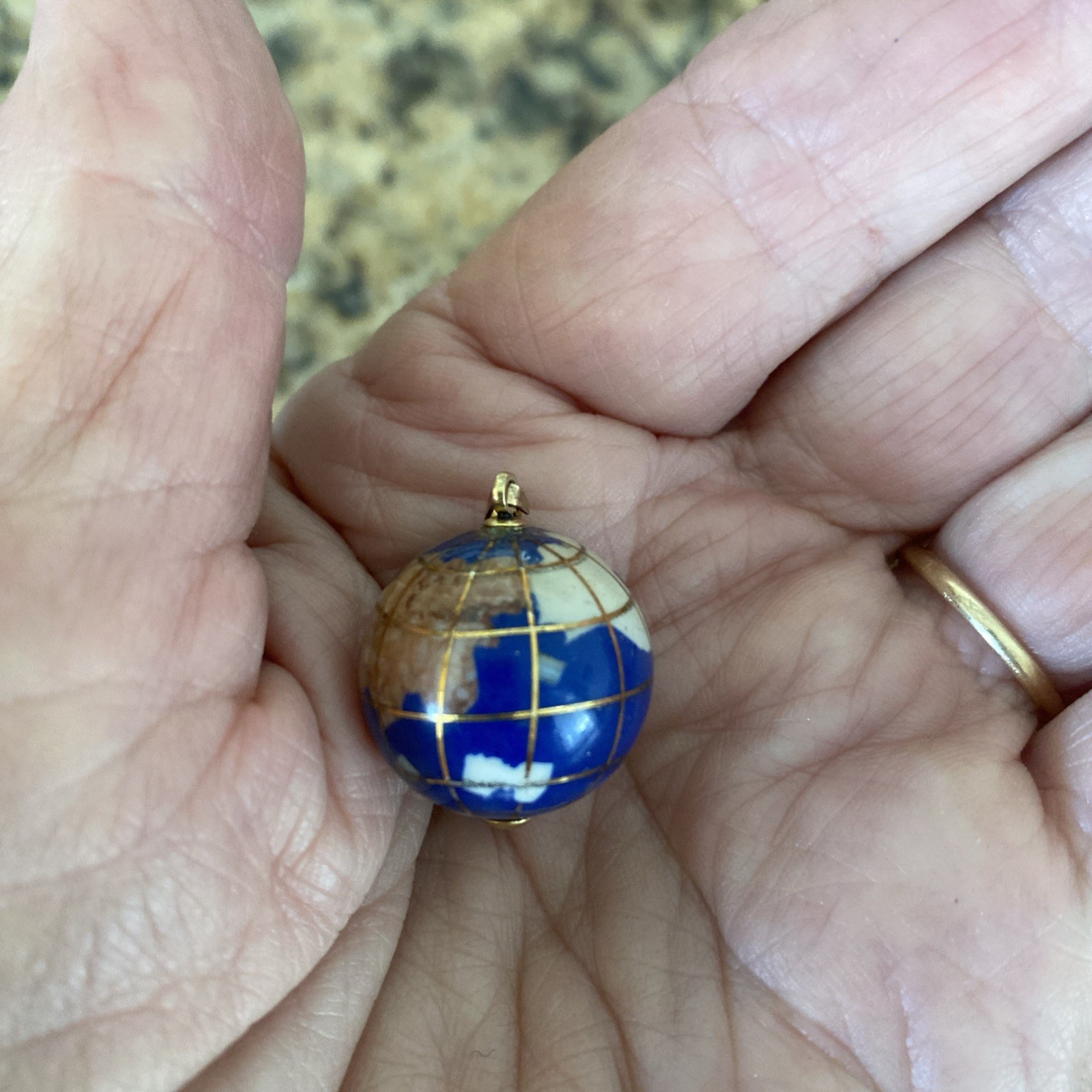 Vintage Yellow Gold Plated & Blue Enamel Globe Earth Dangle Charm Or Pendant