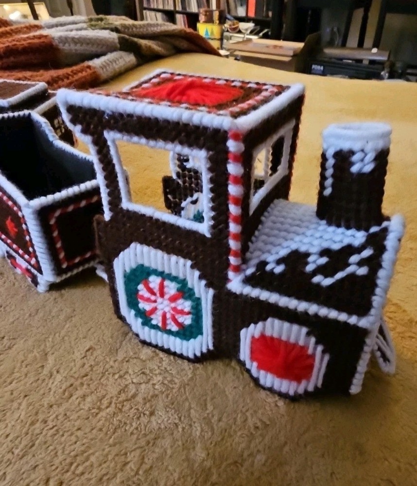Handmade Needlepoint Gingerbread Christmas Train Vintage 18"