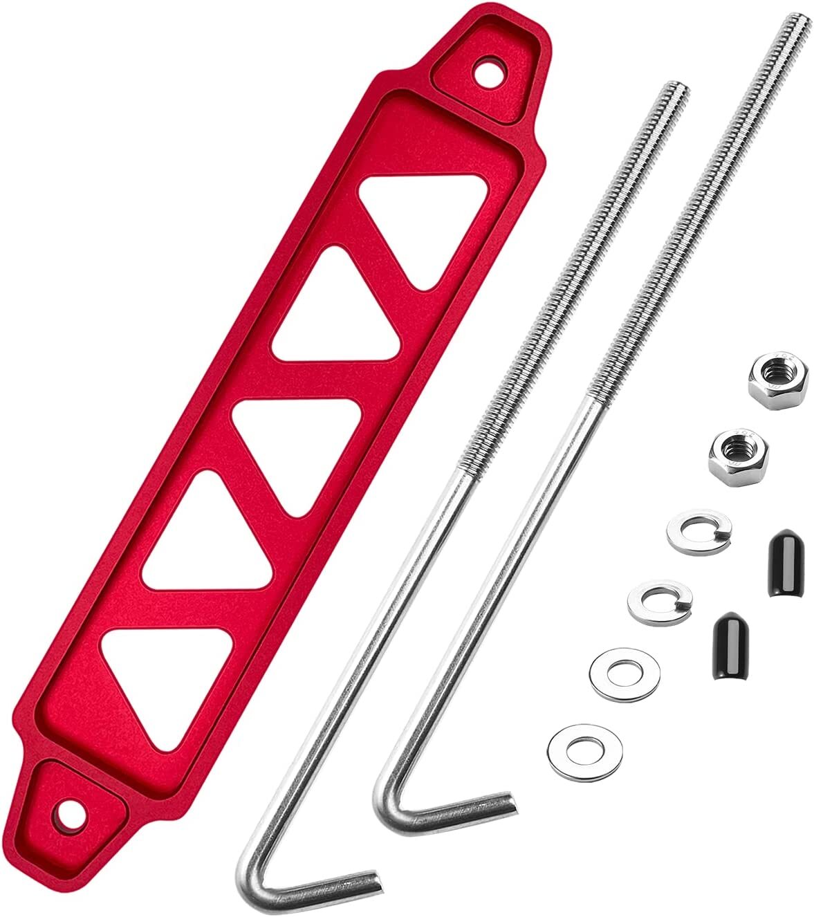 Aluminum Car Battery Hold Tie Down Bracket Mount Kit + 10'' J-Hooks Bolts