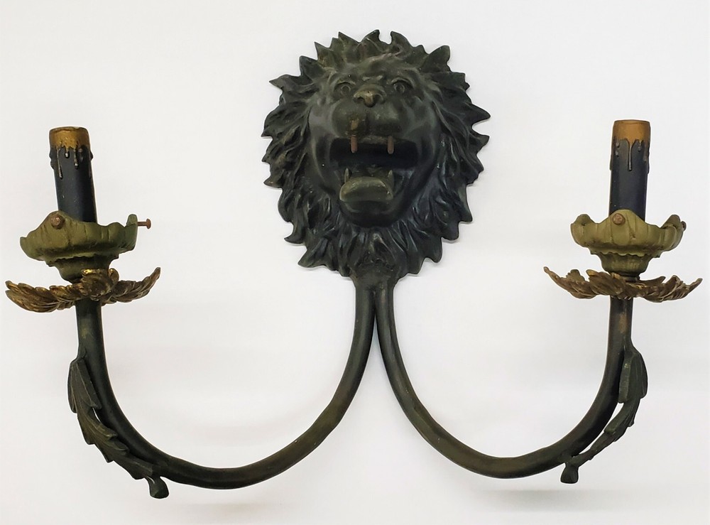 Unique 2 Light Cast Brass Lion's Head Wall Sconce