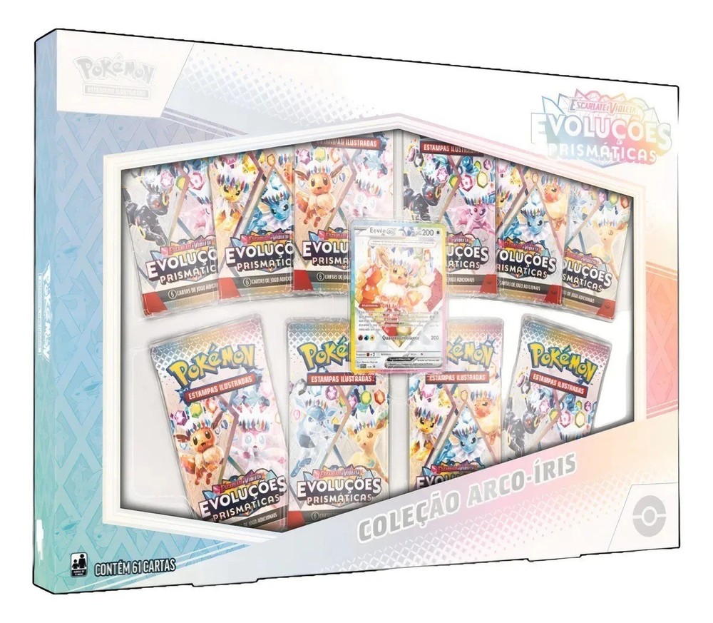 Pokemon Box Prismatic Evolutions Rainbow Eevee Collection 61 Card Brazilian Game