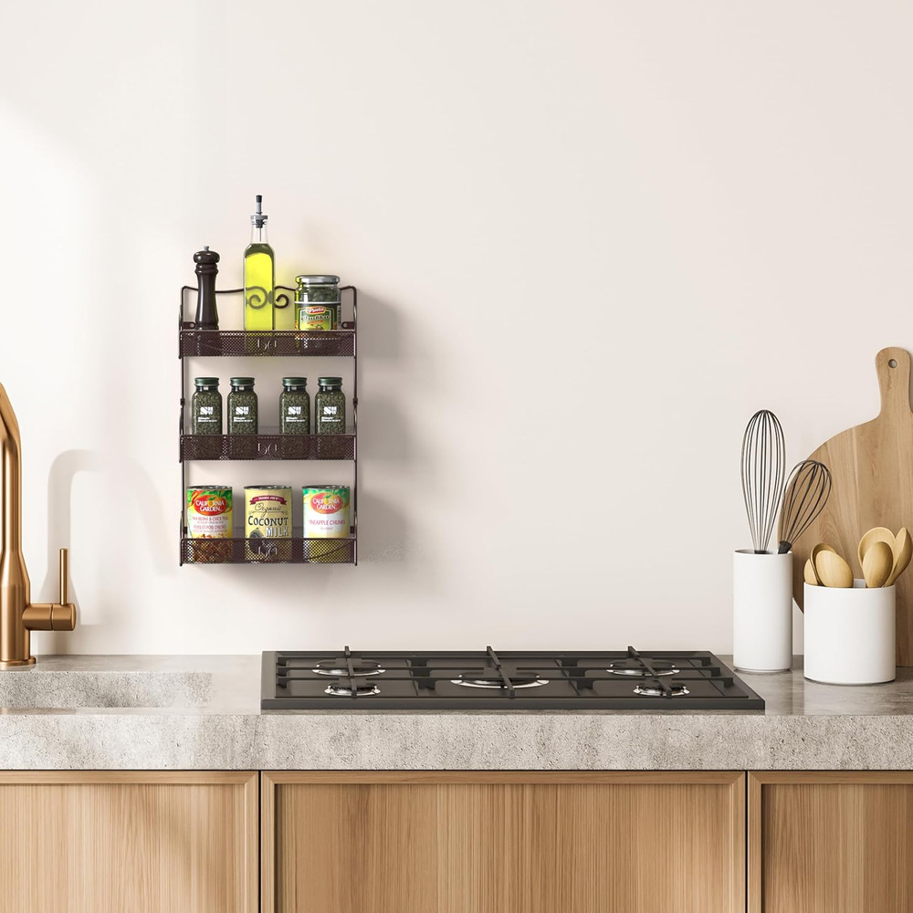 3 Tier Wall Mounted Hanging Spice Rack, Bronze