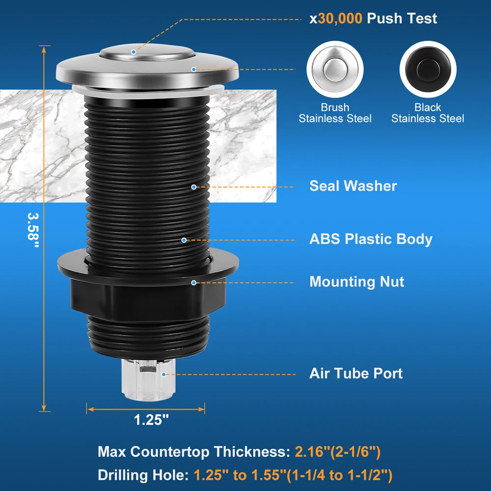 New Air Switch Kit for Garbage Disposal 3.58 Extra Button Silver Stainless Steel