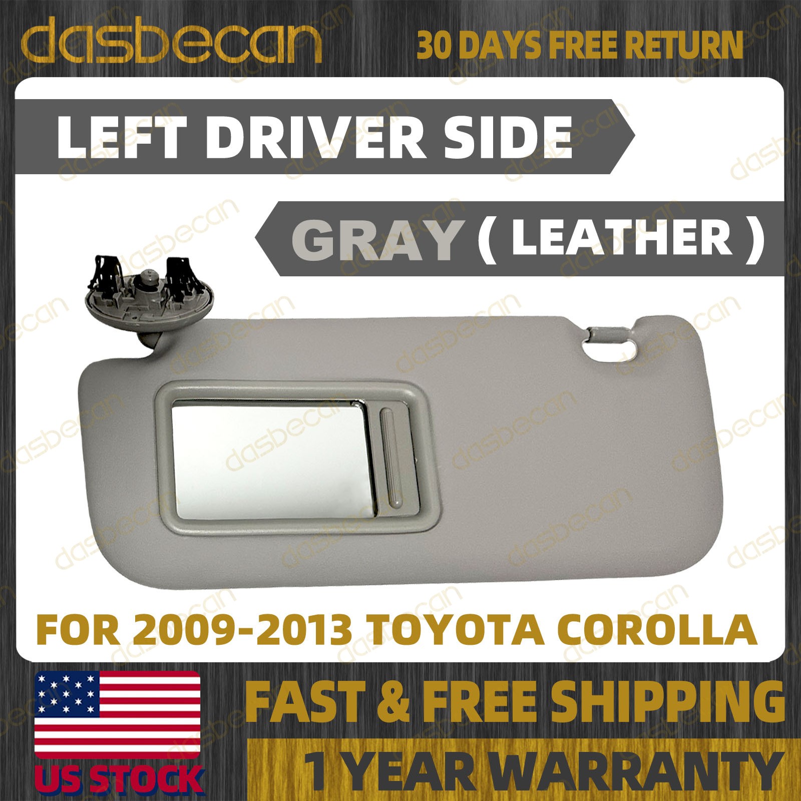 Left Driver Side Gray Leather Sun Visor w/ Mirror For Toyota Corolla 2009-2013