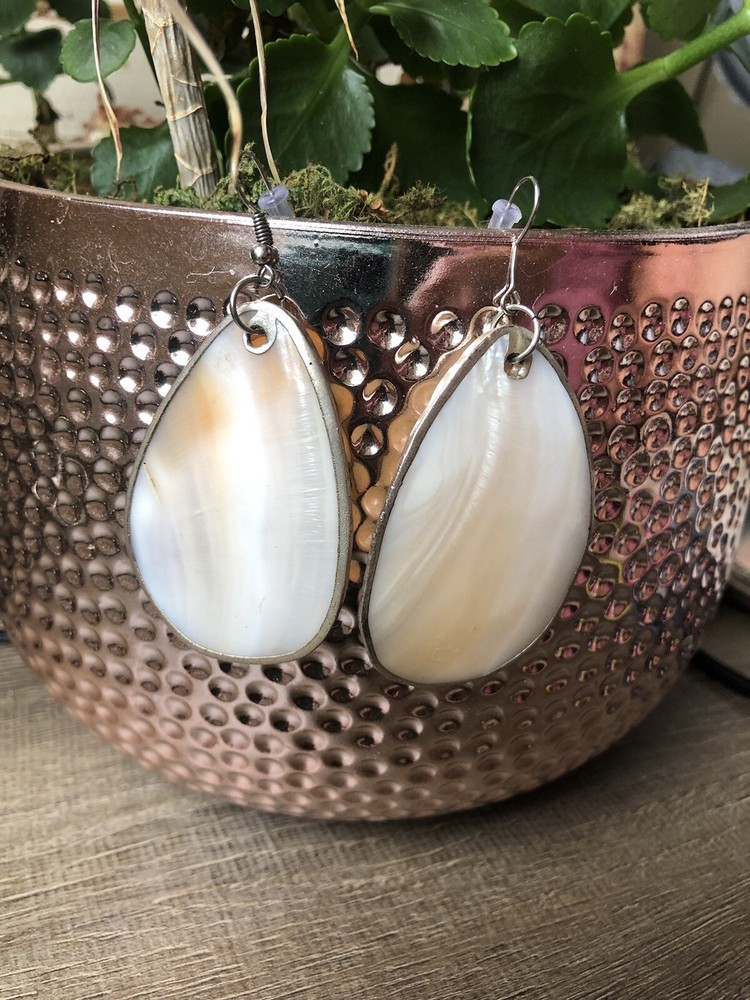 White Shell tear drop dangle artisan made earrings