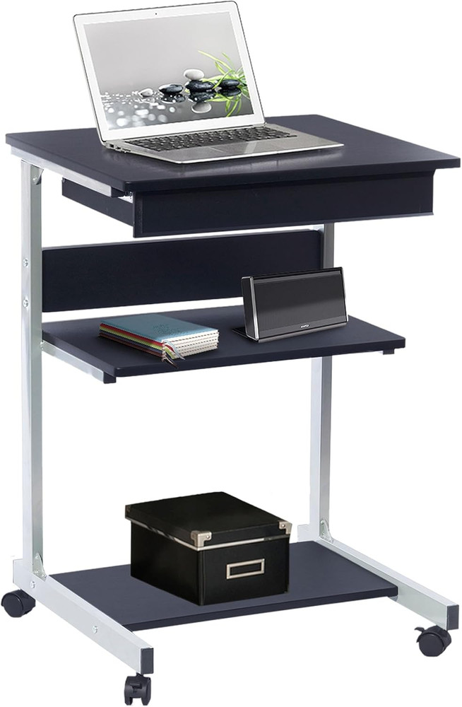 , Portable Computer Desk, Workstation, Stand with Printer Shelf, Rolling Laptop