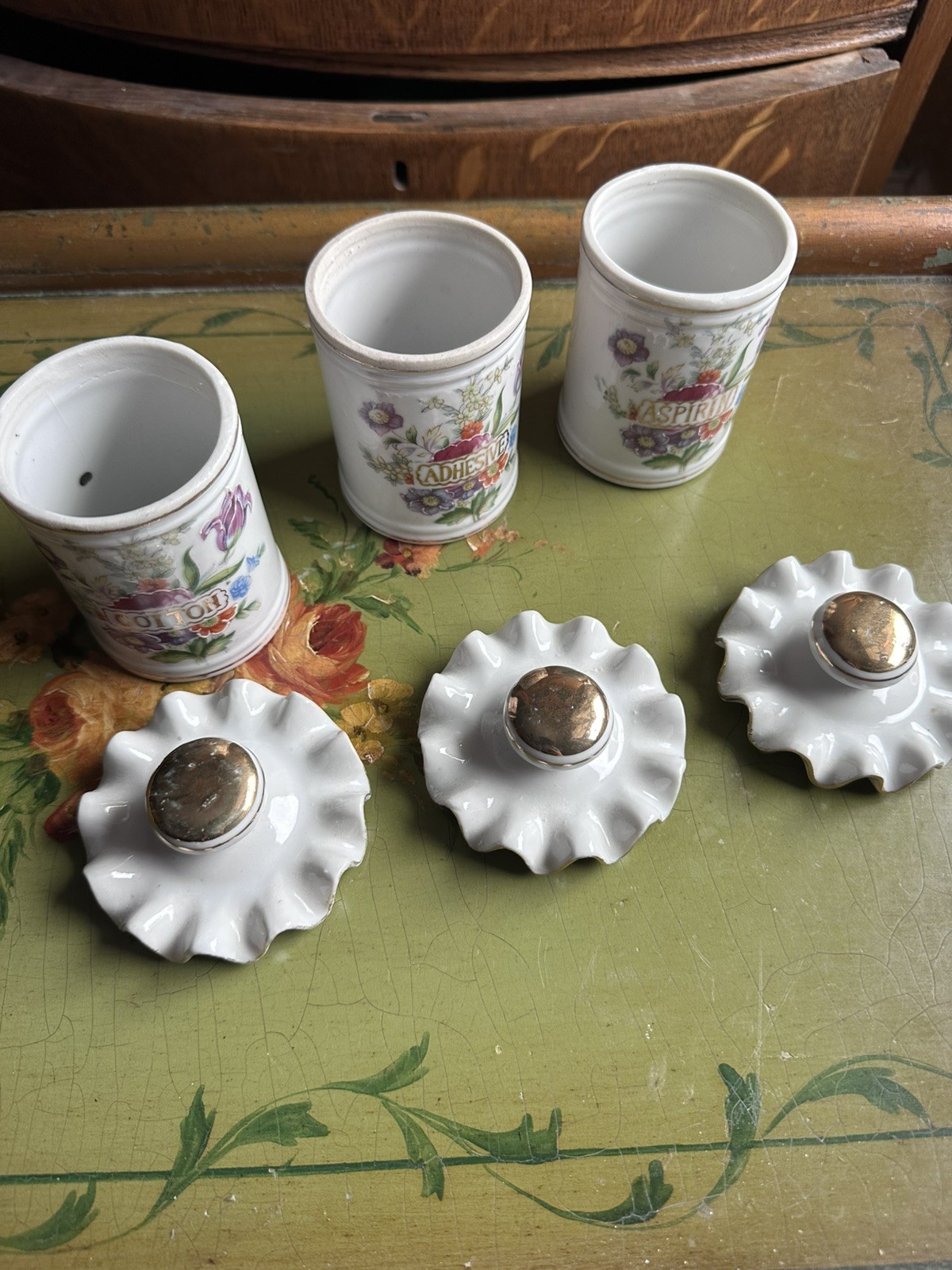 Sweet Set of 3 Vintage Apothecary Jars Cotton Aspirin adhesive Made in Japan