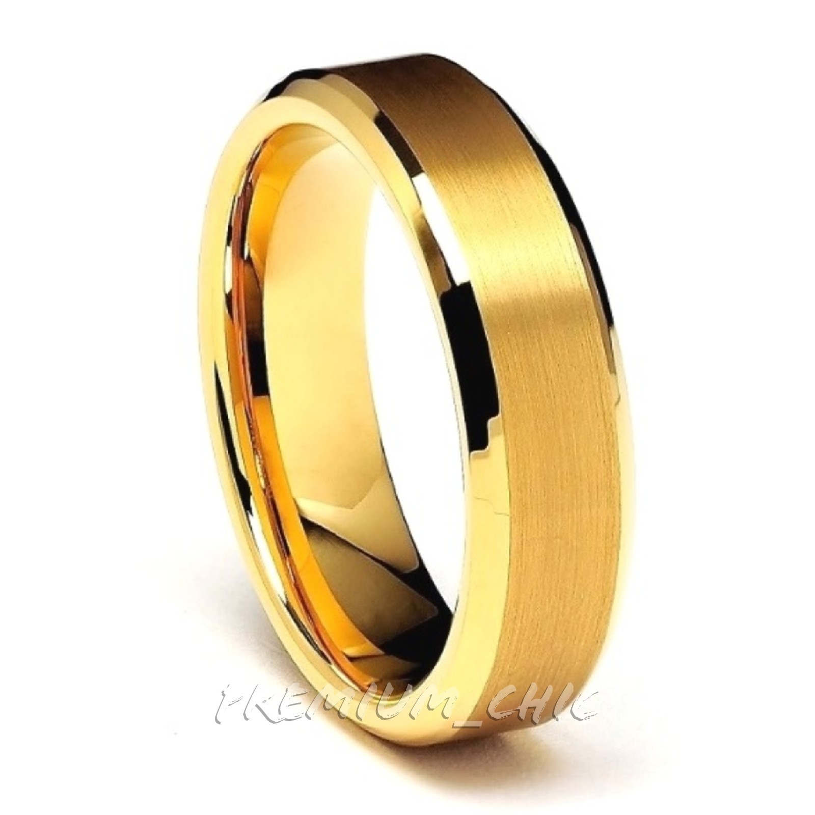 24k Gold Plated Tungsten Carbide Men's Wedding Band Ring Brushed Beveled Edge