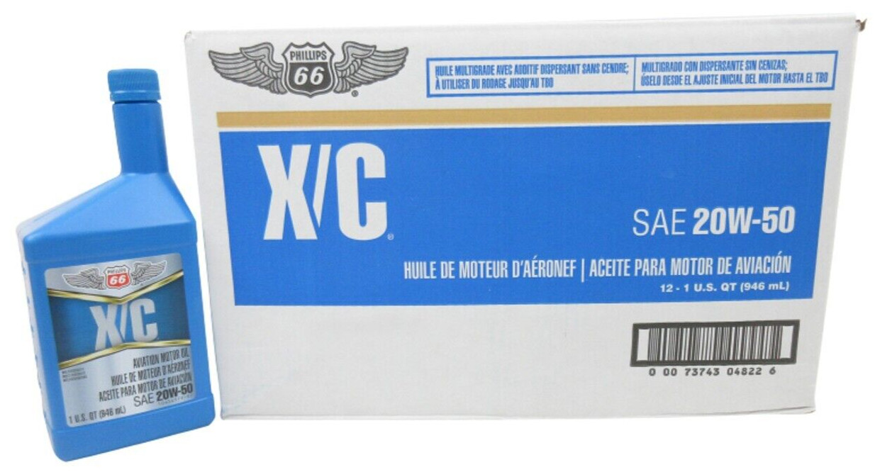 Phillips 66 X/C Aviation Oil 20W50; 1045457; Case of 12 - 1 Quart Bottles