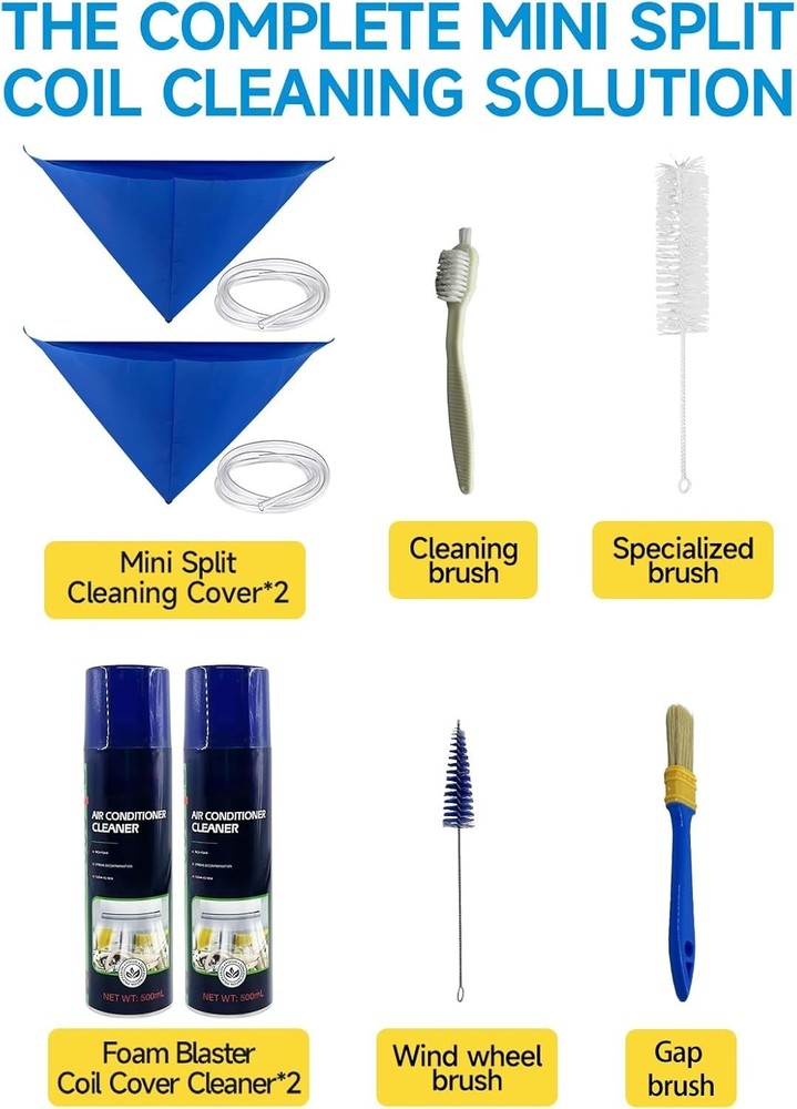 Ultimate Mini Split AC Cleaning Kit: 2 Cleaners, 4 Brushes, waterproof Covers